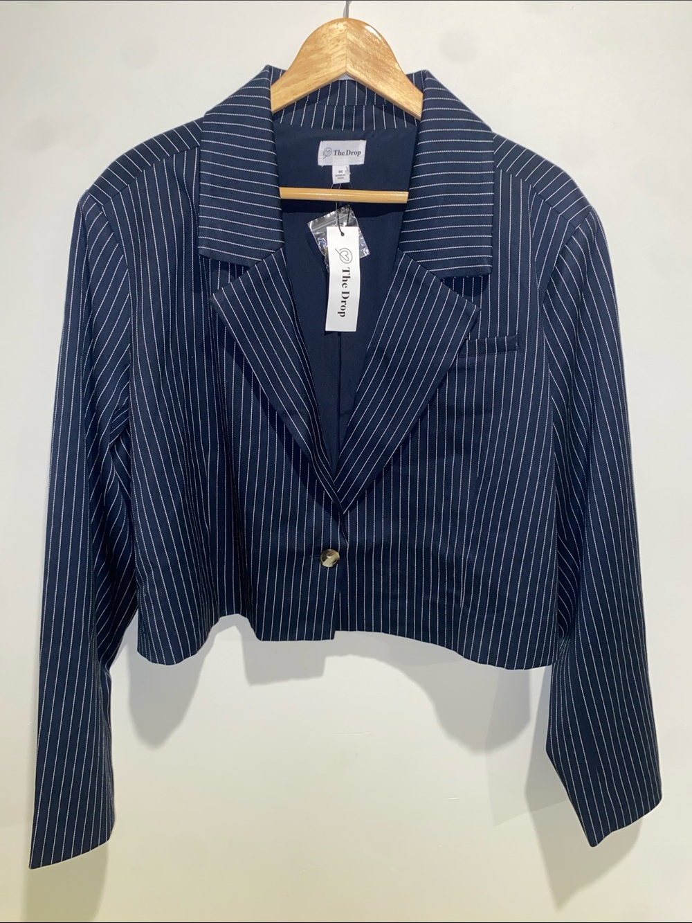 The Drop Women's Navy Pinstripe Cropped Blazer